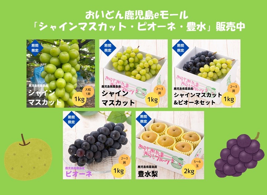 【７月３１日（木）～９月中旬頃】おいどん鹿児島eモール「シャインマスカット・ピオーネ・豊水」販売中