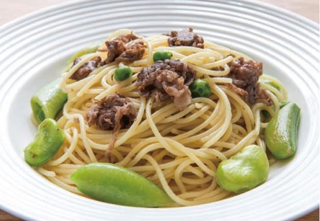 豆と鹿児島黒牛の塩だれパスタ