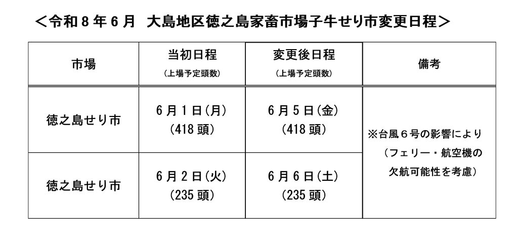 令和８年６月（6/1～6/2）　子牛せり市日程変更について